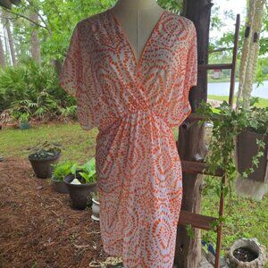 Mesh Swim Cover Up Dress In White With Orange Abstract Print